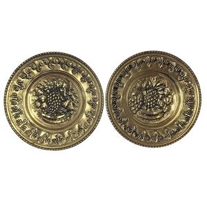 Vintage‎ 11.5" Brass Wall Plates Chargers Fruit Decor Embossed Ornate Set of 2